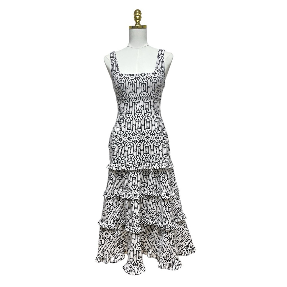 Anthropologie The Blythe Black-White Square-Neck Tiered Ruffle Midi Dress Sz XS